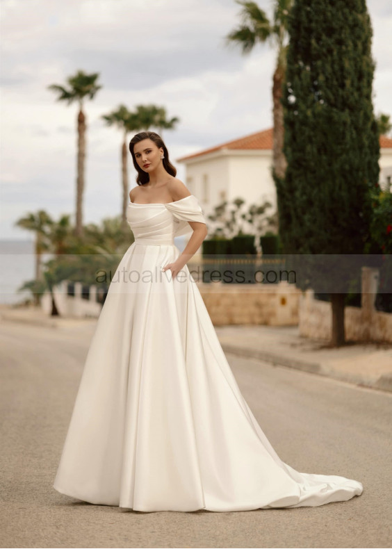 Off Shoulder Ivory Satin Corset Back Pleated Wedding Dress